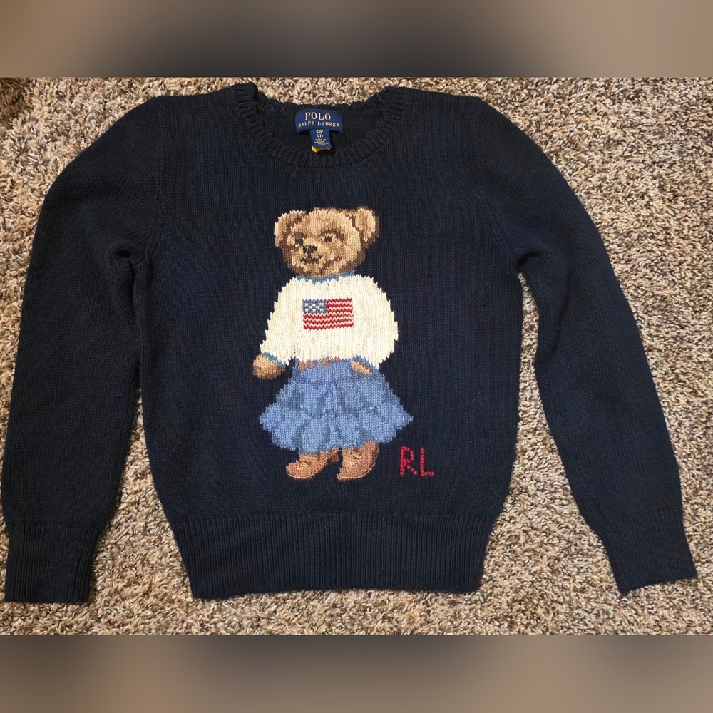 Girls Polo by Ralph Lauren Navy Blue Sweater with Bear and Flag Design
